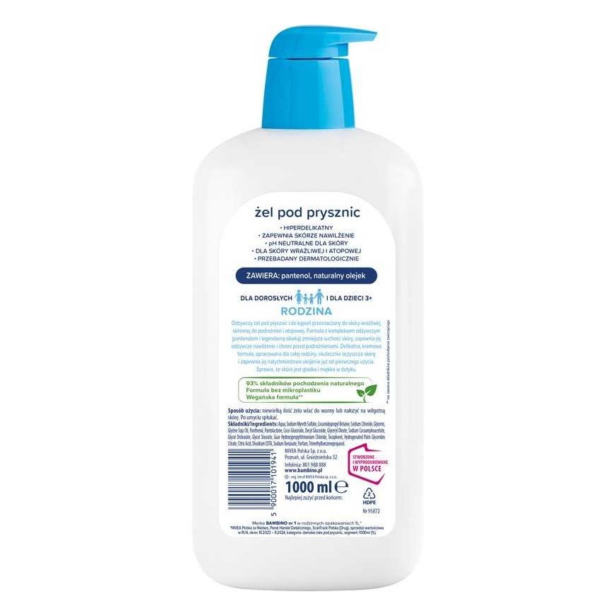 Nivea BAMBINO Perhe Hyper-herkkä suihkugeeli pantenolilla - ravitseva 1000 ml