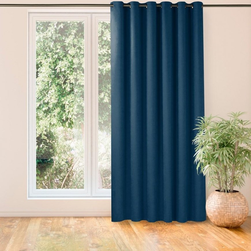Verho MILANA, indigonsininen, klassisen kultainen, metalliset lenkit, shenillikangas, 560x270, HOMEDE – 2