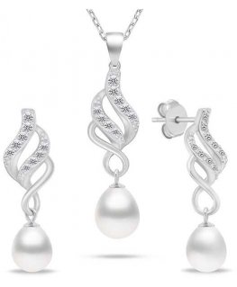 Brilio Silver Elegants sudraba rotaslietu komplekts ar cirkoniem un pērļiem SET267W (auskari, kaklarota)