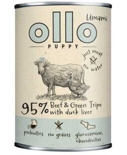 OLLO kucēns Umami liellopa gaļa un zaļie kuņģi ar pīles aknām - mitrā suņu barība - 850g