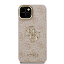 Guess PU 4G Metāla Logo Stends Kameras Rāmja vāks, kas paredzēts Apple iPhone 15 rozā krāsā