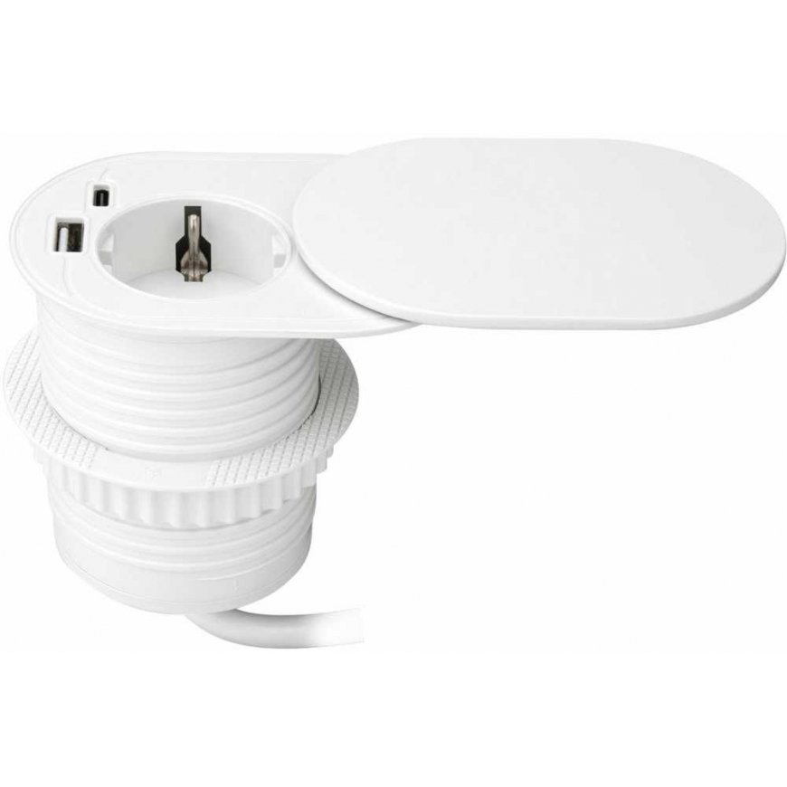 Orno Baldinis liitäntä 6 cm, upotettavissa työtasoon, liukuovella, USB-laturilla ja 1,9 m johdolla, 1x2P+Z (Schuko), 2xUSB (A+C – 2