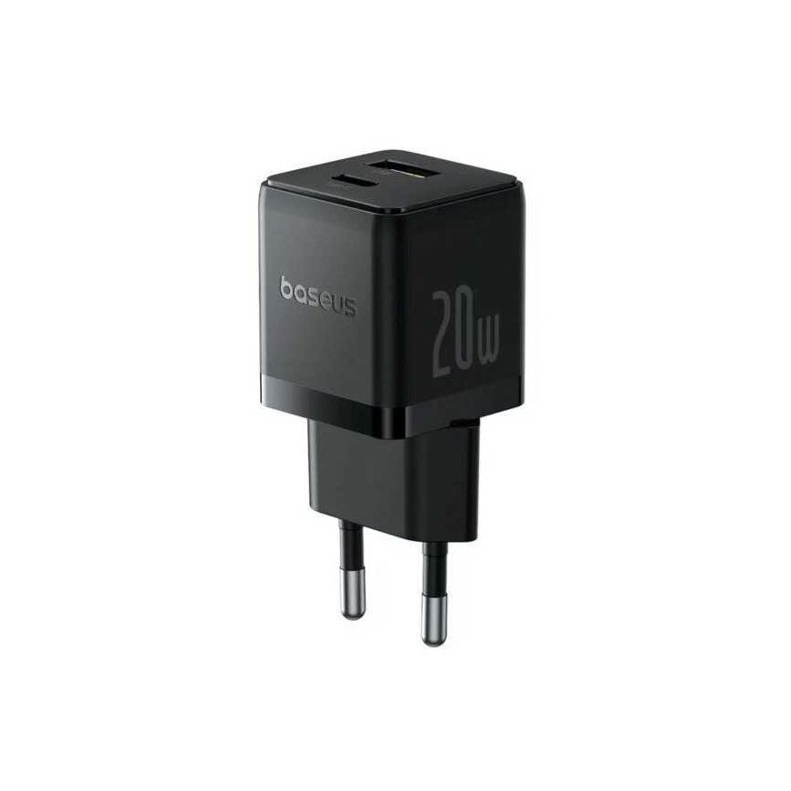 Baseus Sieninis įkroviklis Palm 20W USB + USB-C QC3.0 PD3.0 su USB-C kabeliu 1m, juodas