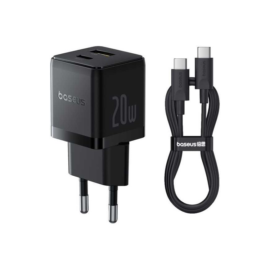 Baseus Sienas lādētājs Palm 20W USB + USB-C QC3.0 PD3.0 ar USB-C kabeli 1m, melns – 5