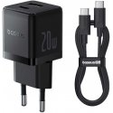 Baseus seinalaadija Palm 20W USB + USB-C QC3.0 PD3.0 koos 1m USB-C kaabliga, must Baseus seinalaadija Palm 20W USB + USB-C QC3.0 PD3.0 koos 1m USB-C kaabliga, must