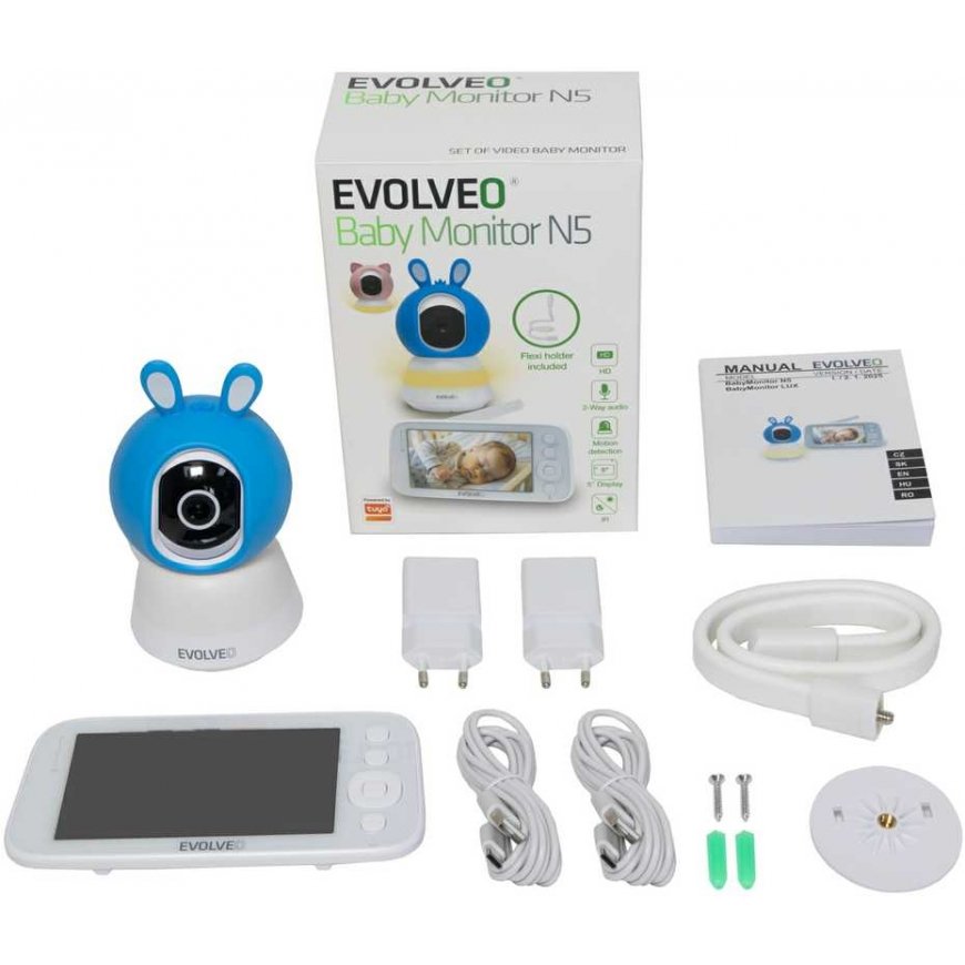 „EVOLVEO Baby Monitorius N5“, videokõrvitsate jälgimise komplekt 360° jälgimisega, kahepoolses suhtluses ja hällilauludega, sini – 3