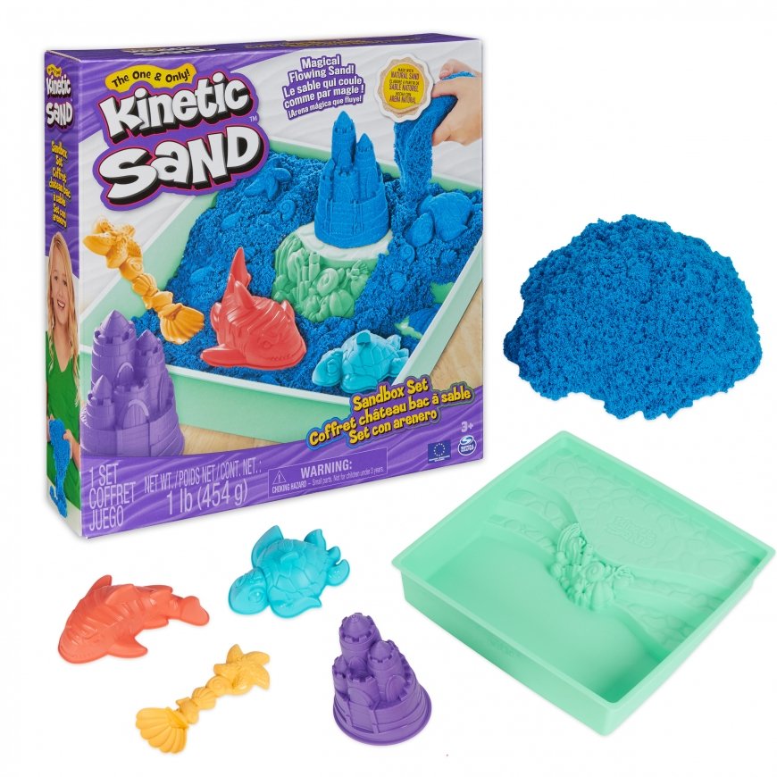 Kinetic Sand , Sandbox Set with 1lb Blue Play Sand, 4 Tools & Molds, Storage, Sensory Toys for Kids