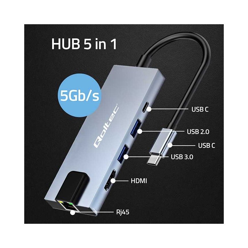 Адаптер Qoltec Hub USB-C 5в1 | USB-C PD 100Вт | 2x USB | HDMI 4K | RJ45 – 3