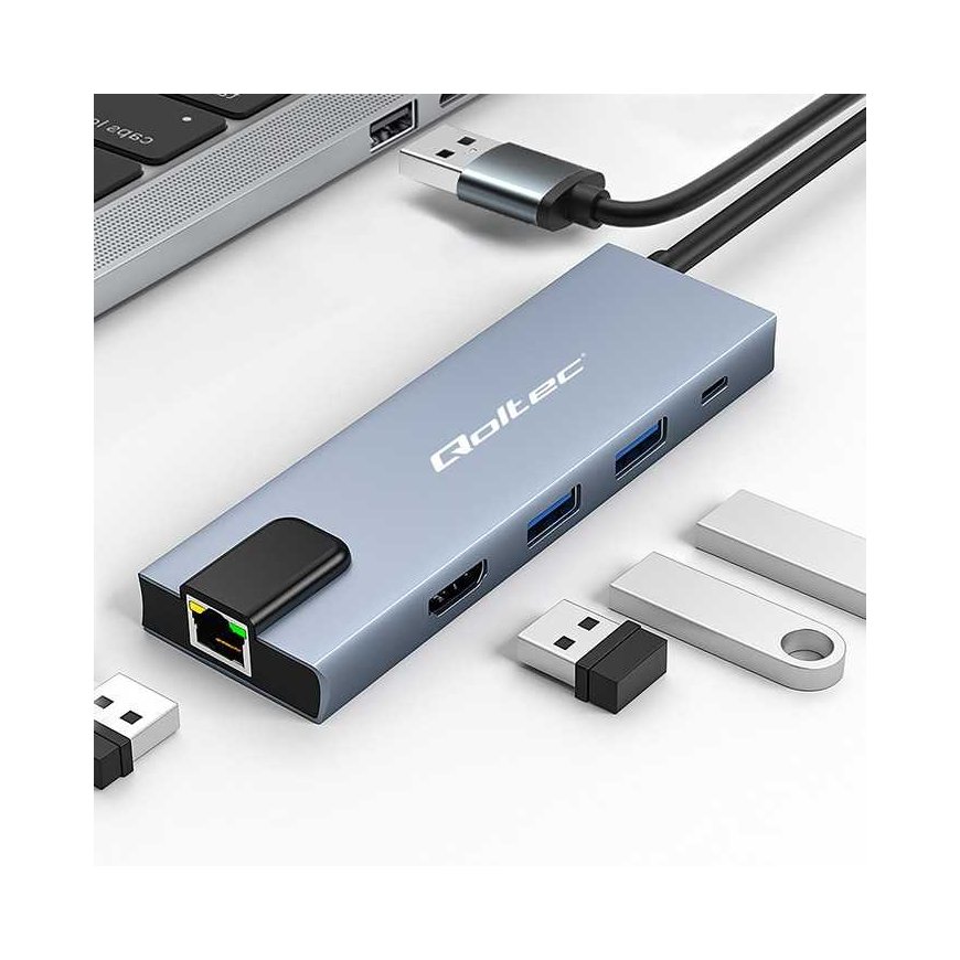 Qoltec Hub Adapter USB-C 5w1 | USB-C PD 100W | 2x USB | HDMI 4K | RJ45 – 4