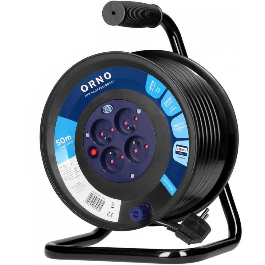 Extension cord reel, 4 sockets 2P+Z, PVC cable H05VV-F 3x1.5mm2, 50m, thermal relay, current path shutters – 2