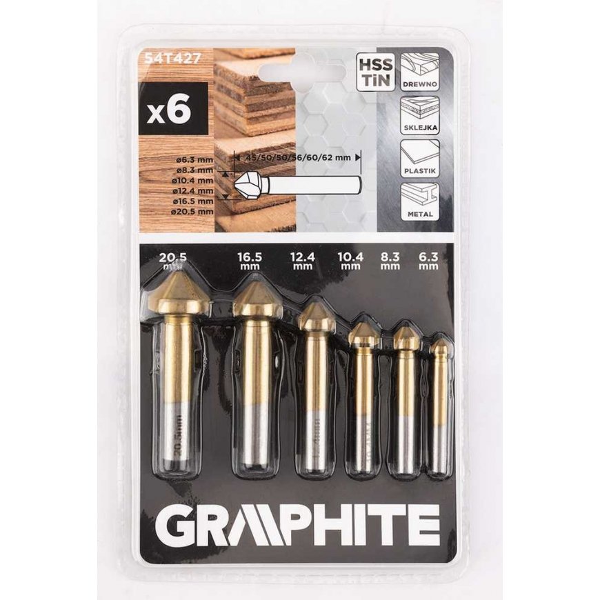 Graphite TiN conical countersink drill bits for angled drilling, 6.3–20.5 mm, set of 6 pieces – 2