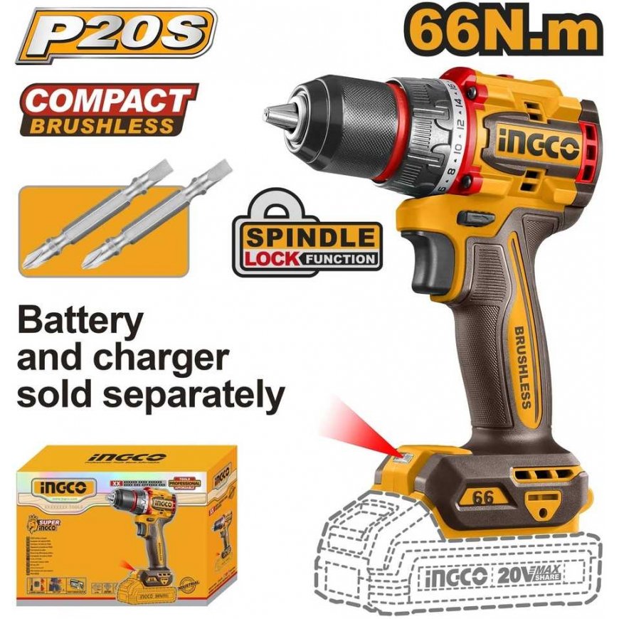 Ingco CDLI206681 AKU drilling screwdriver 66 Nm, without battery and charger – 2