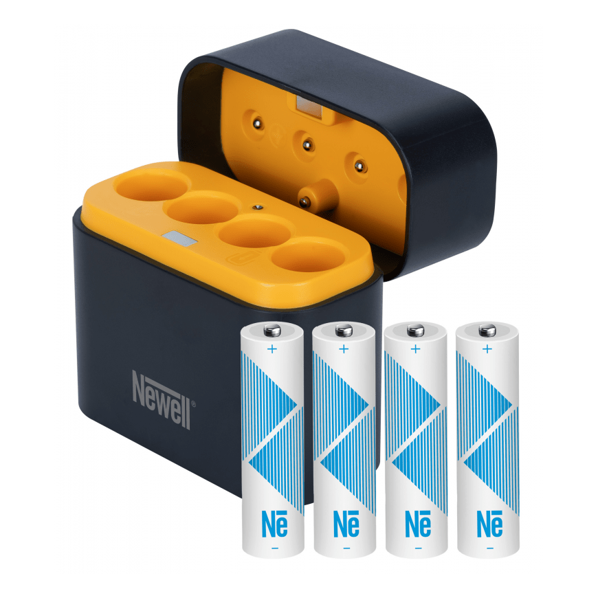 „Newell“ keturių kanalų įkroviklis ir 4 AA ličio jonų įkraunamų baterijų rinkinys – 2200 mAh