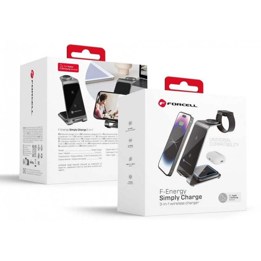 Forcell F-Energy 3in1 Simply Charge induction charger, aluminum, compatible with Apple Watch and Samsung Watch, gray