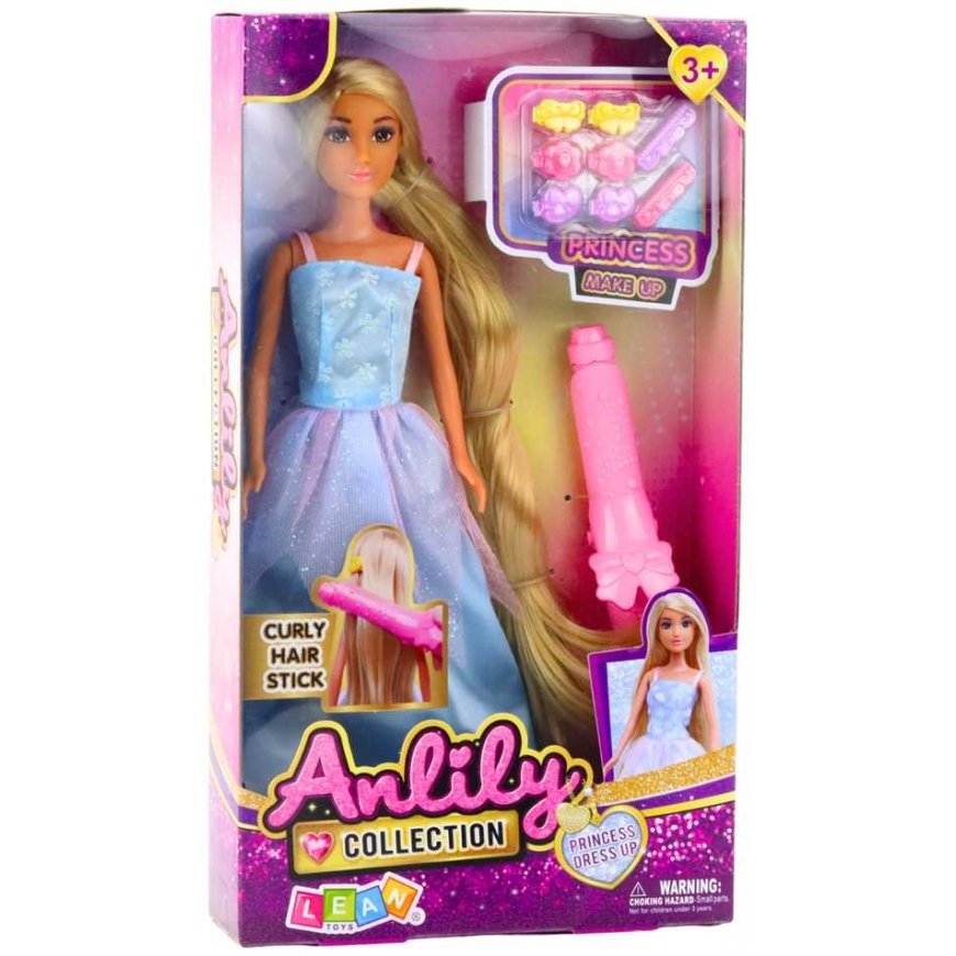 Lean Toys Lėlė Anlily su mėlyna suknele ir plaukų aksesuarais – 5
