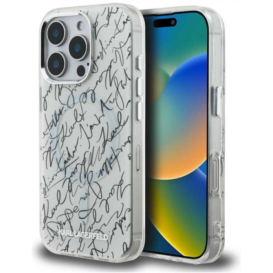Dėklas Karl Lagerfeld IML Karl Script Pattern MagSafe skirtas Apple iPhone 16 Pro Max baltos spalvos