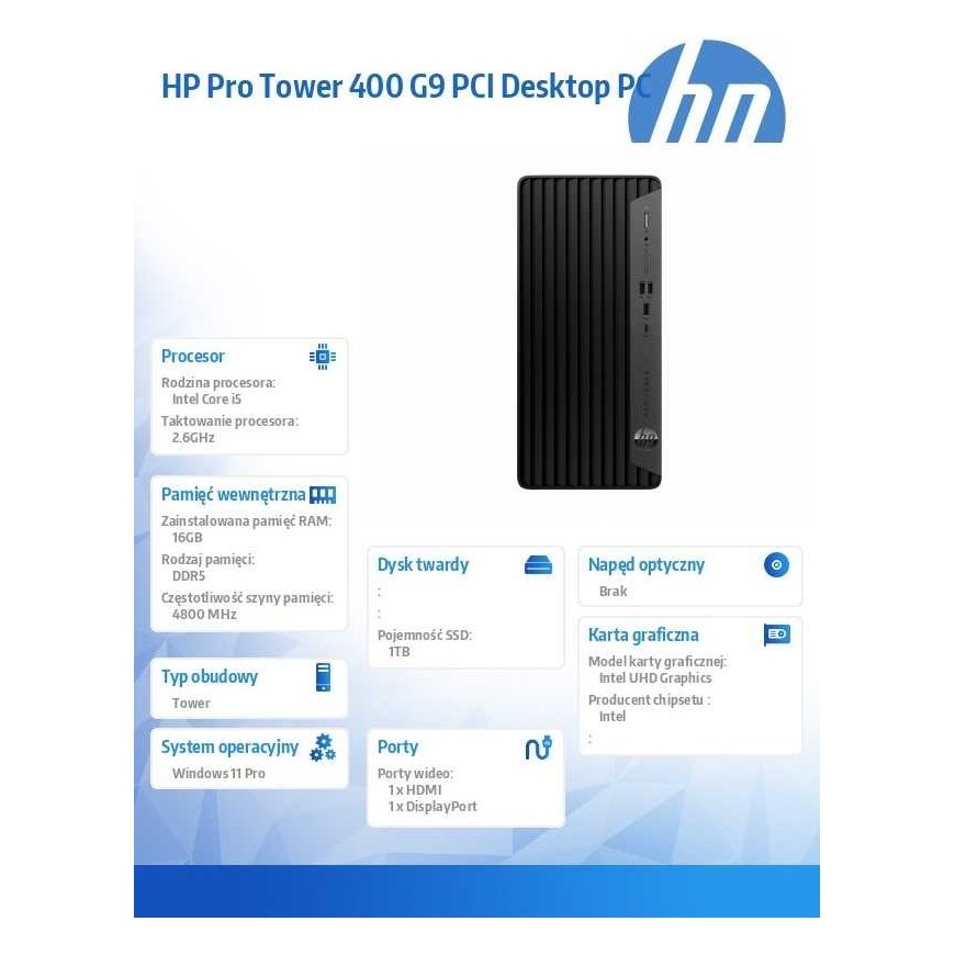 Stacionārais dators Hewlett Packard (HP) „Kompiuter Pro Tower 400 G9“ PCI i5-14500 1TB/16/W11P 9H7N0ET – 2