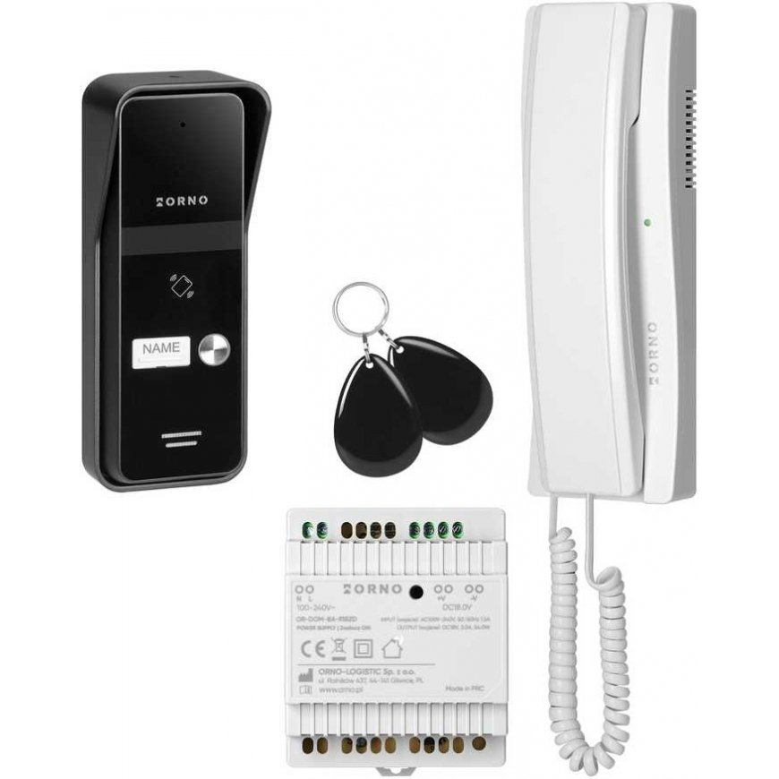 Orno ENIR, intercom set for one family, 2-wire, DIN rail power supply, with remote control reader, white – 2