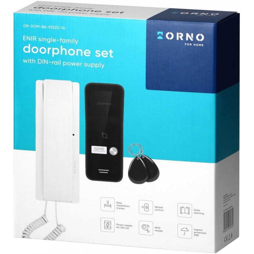 Orno ENIR, intercom set for one family, 2-wire, DIN rail power supply, with remote control reader, white – 3