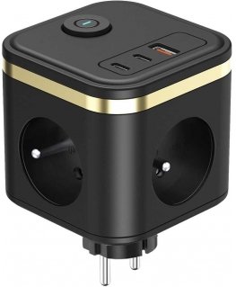Viking Viking tīkla adapteris Y33, 3x 230 V, 1x USB-A, 2x USB-C, ON/OFF poga, melns