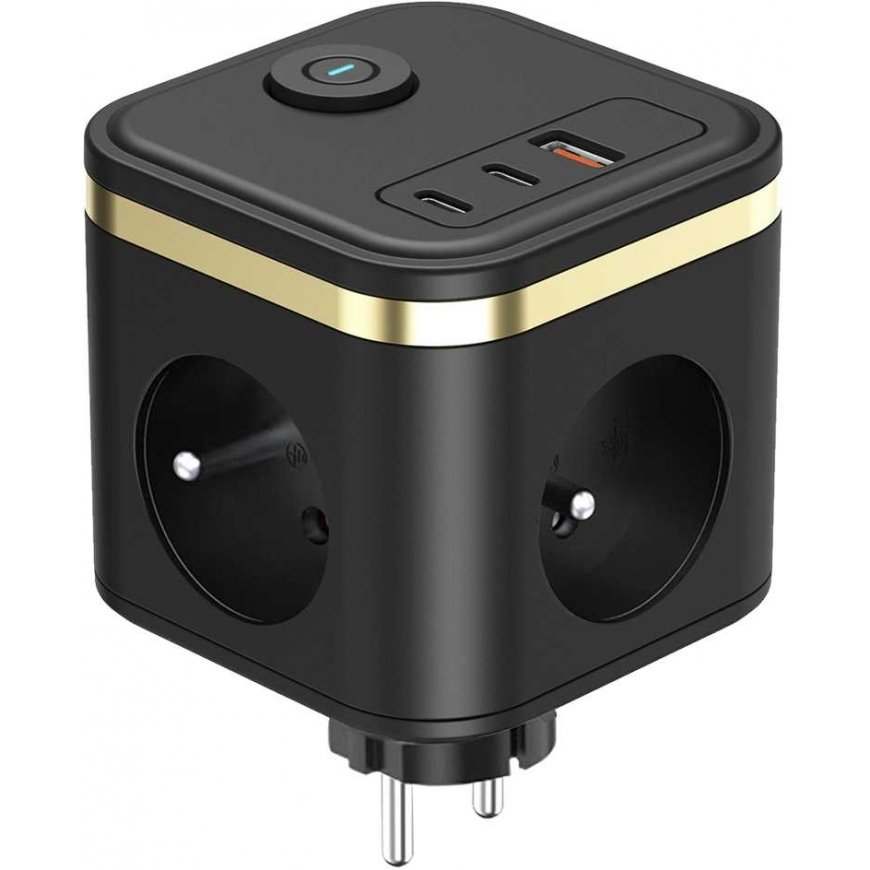 Viking Viking tīkla adapteris Y33, 3x 230 V, 1x USB-A, 2x USB-C, ON/OFF poga, melns