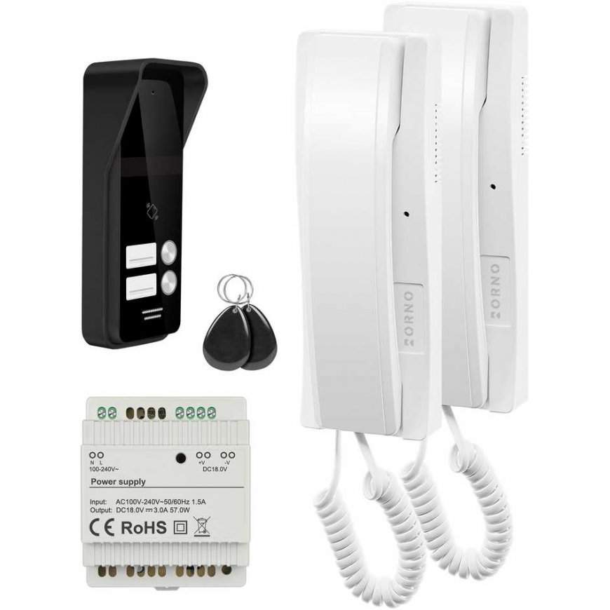 Orno ENIR, intercom set for two families, 2-wire, DIN rail power supply, with remote control reader, white