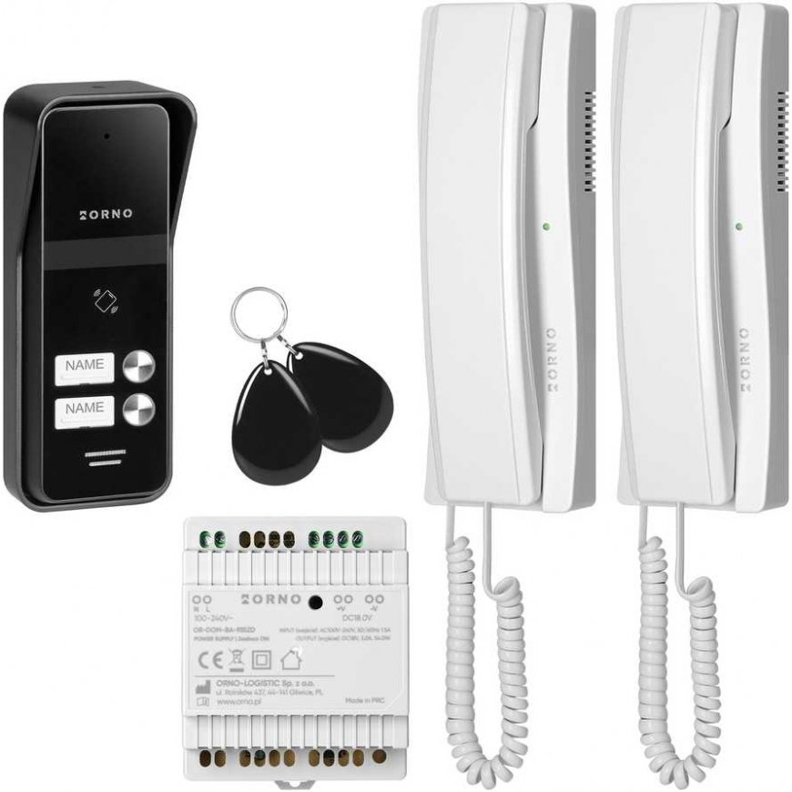 Orno ENIR, intercom set for two families, 2-wire, DIN rail power supply, with remote control reader, white – 2