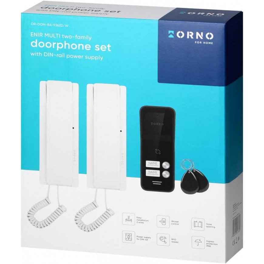 Orno ENIR, intercom set for two families, 2-wire, DIN rail power supply, with remote control reader, white – 3