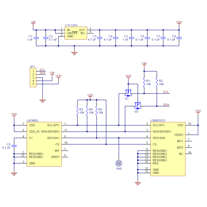 Pololu MinIMU-9 v5 giroskoop, kiirendusmõõtur, kompass (LSM6DS33 ja LIS3MDL) 2.5V – 5.5V I²C 5 mA – 2