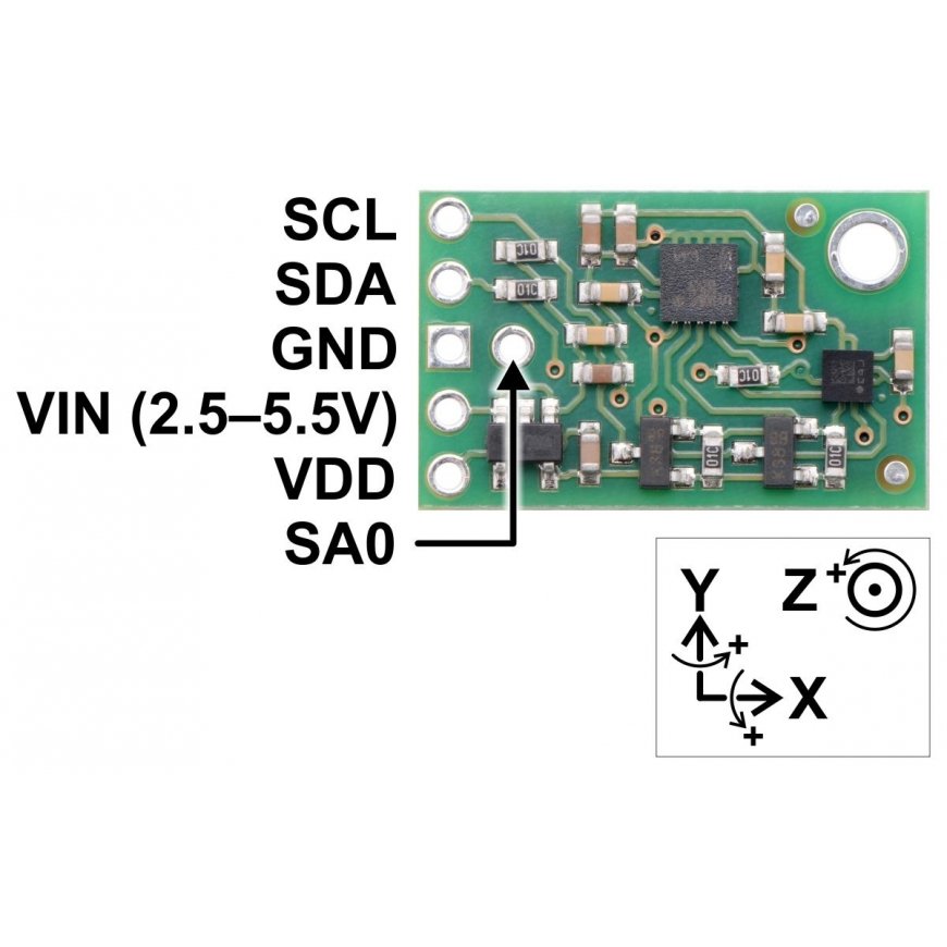 Pololu MinIMU-9 v5 gyroskooppi kiihtyvyysanturi kompassi (LSM6DS33 ja LIS3MDL) 2.5V – 5.5V I²C 5 mA – 5