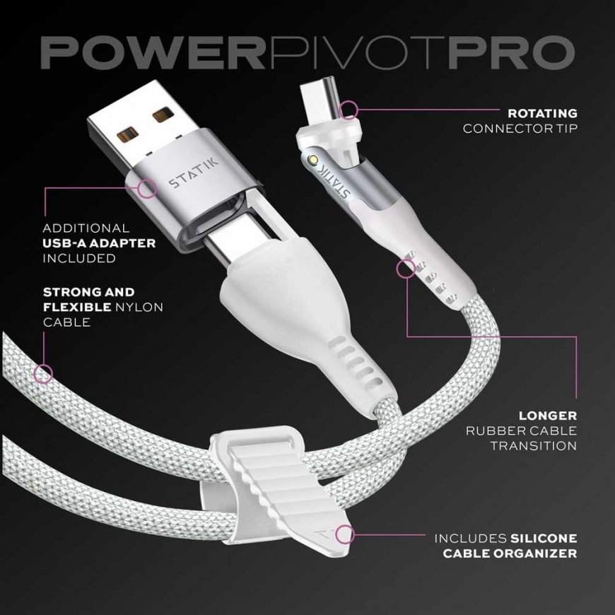 STATIK PowerPivot Pro nailonist punutud kaabel, USB-C kuni USB-C, 3m, Valge – 5
