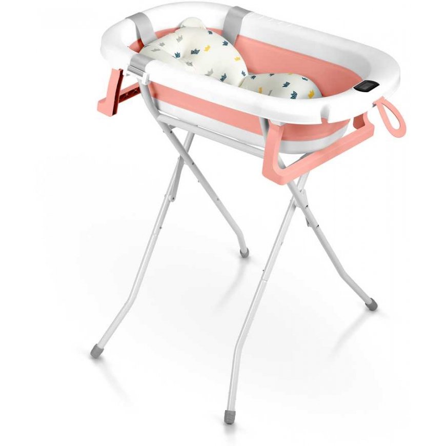 Foldable baby bath for children and infants with frame, thermometer, and insert Ricokids RK-287 in white and pink – 2