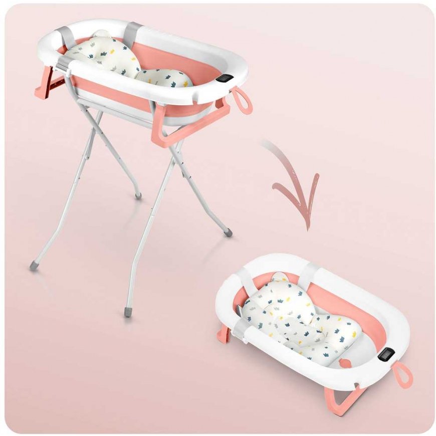 Foldable baby bath for children and infants with frame, thermometer, and insert Ricokids RK-287 in white and pink – 5