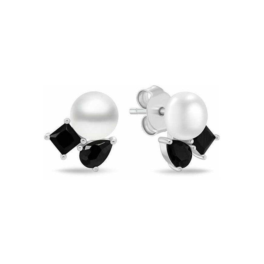 Brilio Silver Subtle silver earrings with black zircons and pearls EA1190WBC