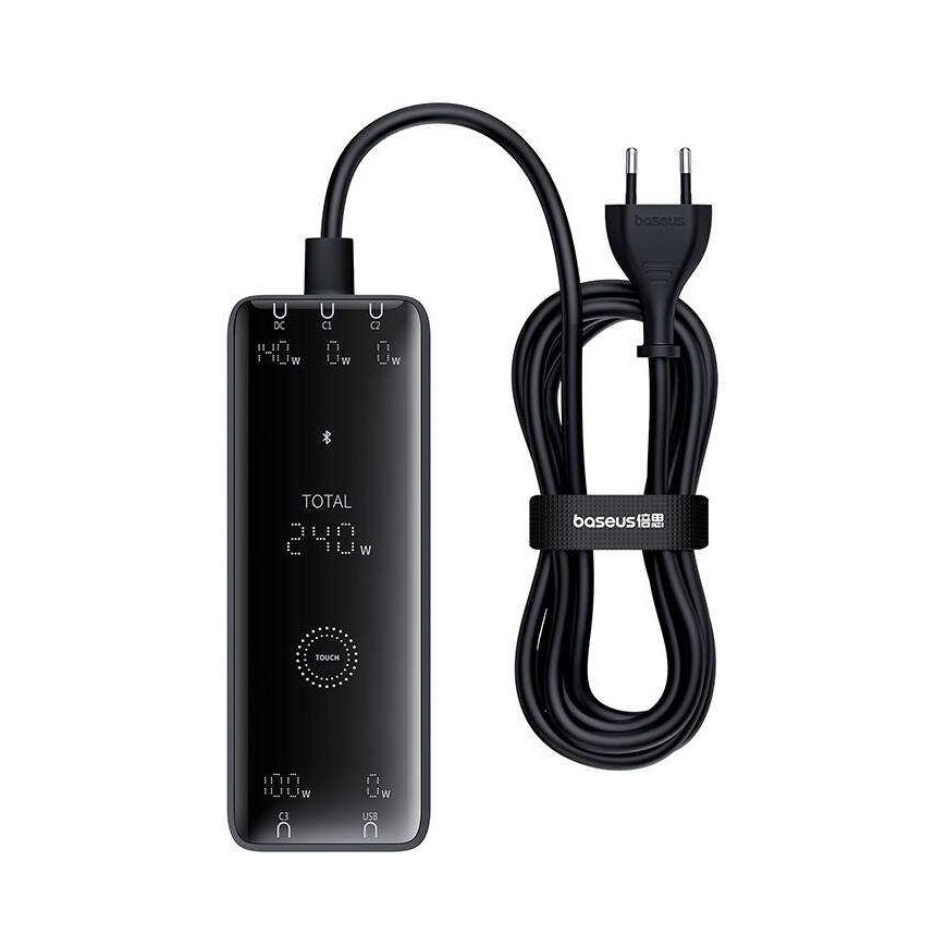 Baseus GaN Digital Charger, 3x USB-C + USB + DC, 240 W + 1 m cable (black)