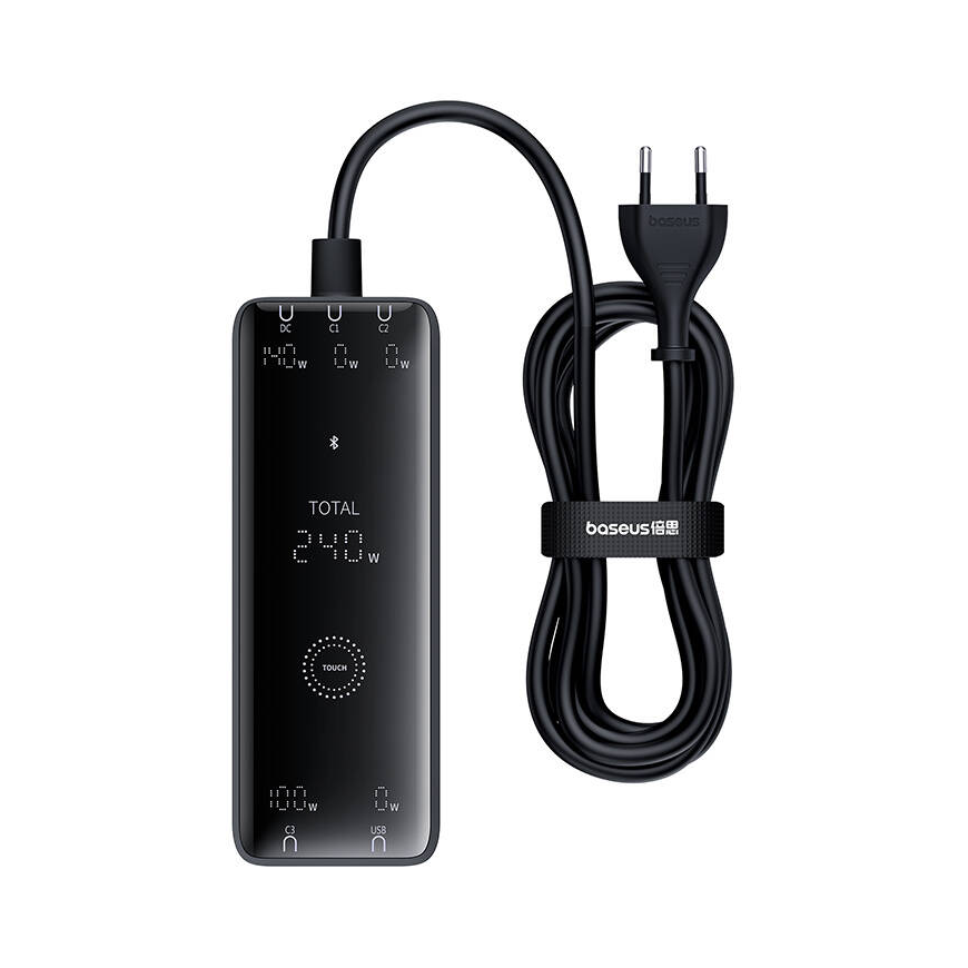 Baseus GaN Digital Charger, 3x USB-C + USB + DC, 240 W + 1 m cable (black) – 2