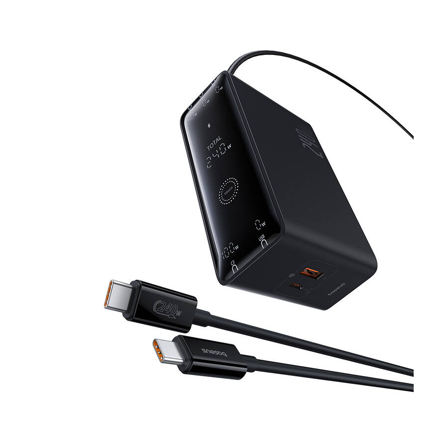 Baseus GaN Digital Charger, 3x USB-C + USB + DC, 240 W + 1 m cable (black) – 5