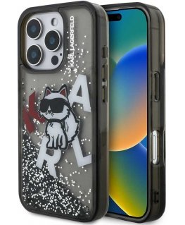 Karl Lagerfeld šķidrā spīduma izkliedētā Choupette vāciņš iPhone 16 Pro melns