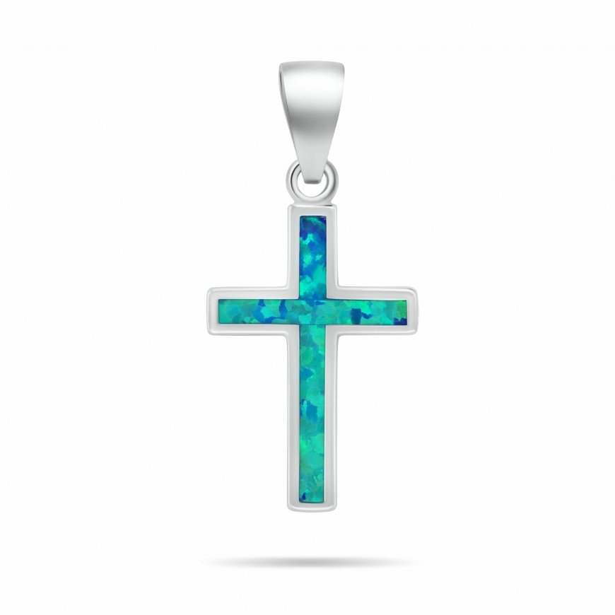 Brilio Silver Silver cross pendant with green-blue synthetic opal PT141WB