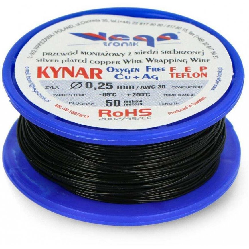 Vega Tronik Kynar sidabro pārklāts vara savienojuma kabelis - 0.25 mm / AWG 30 - melns - 50 m – 2