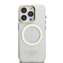„Guess IML“ auksinis kontūrinis stovas su kameros rėmeliu, „MagSafe“ dėklas, skirtas „iPhone 15 Pro“, permatomas
