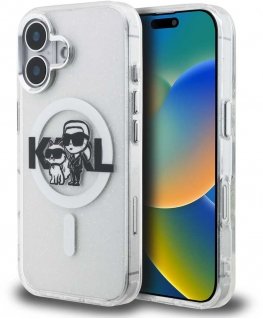 „Karl Lagerfeld IML Glitter Karl and Choupette Sketch MagSafe“ dėklas, skirtas „iPhone 16“, permatomas