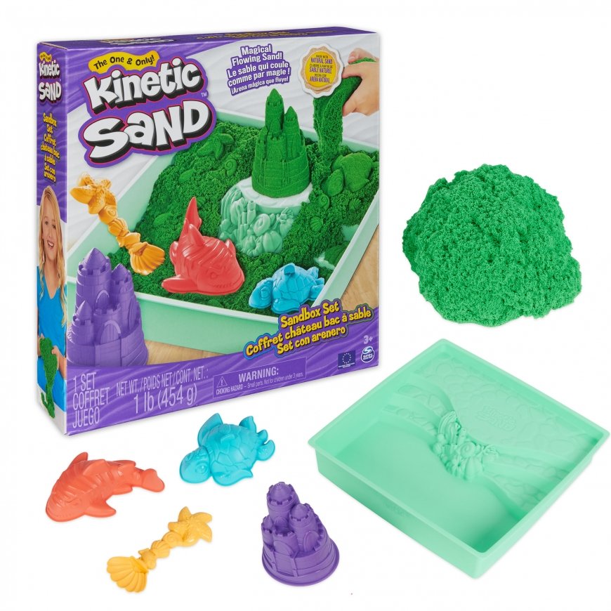 Kinetic Sand , Sandbox Set with 1lb Green Play Sand, 4 Tools & Molds, Storage, Sensory Toys for Kids