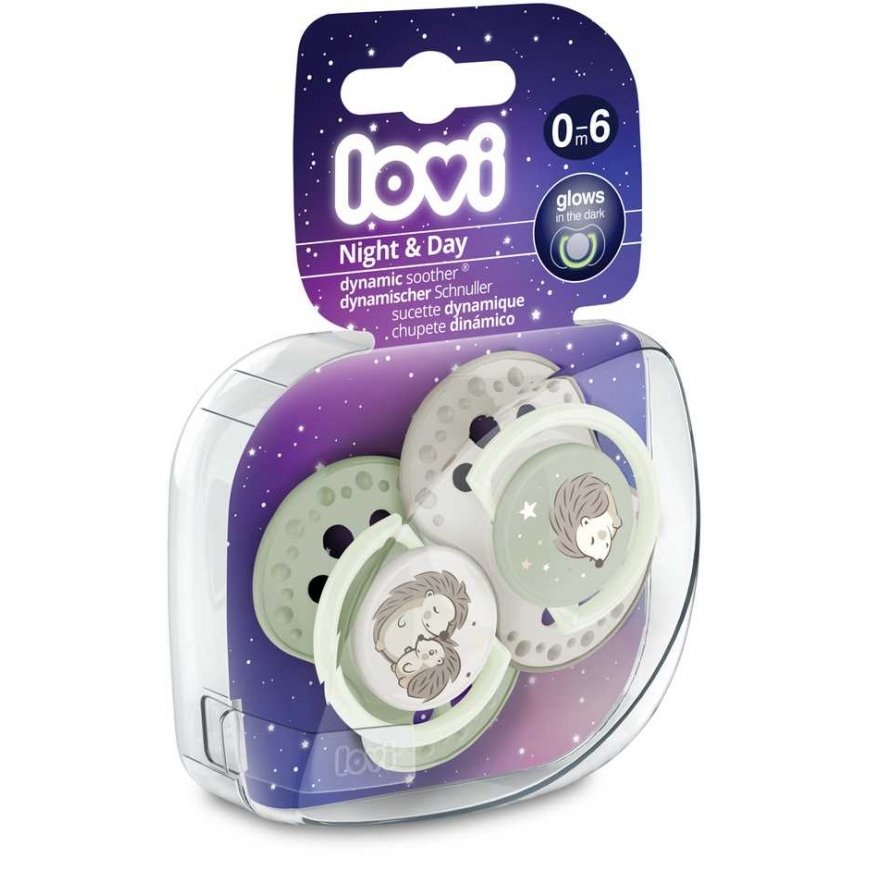 LOVI silicone dynamic pacifiers Night&Day Hedgehog, 0-6M, 2pcs, 22/929