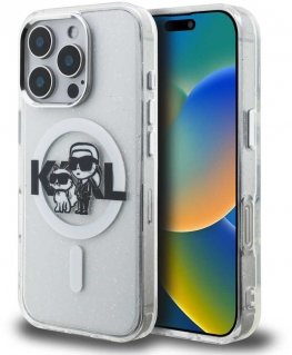 „Karl Lagerfeld IML Glitter Karl and Choupette Sketch MagSafe“ dėklas, skirtas „iPhone 16 Pro Max“, permatomas