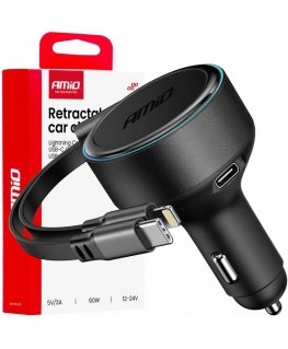 Car charger with retractable type C cable + Lightning iPhone + USB-C 12V 24V 60W AMIO-04370