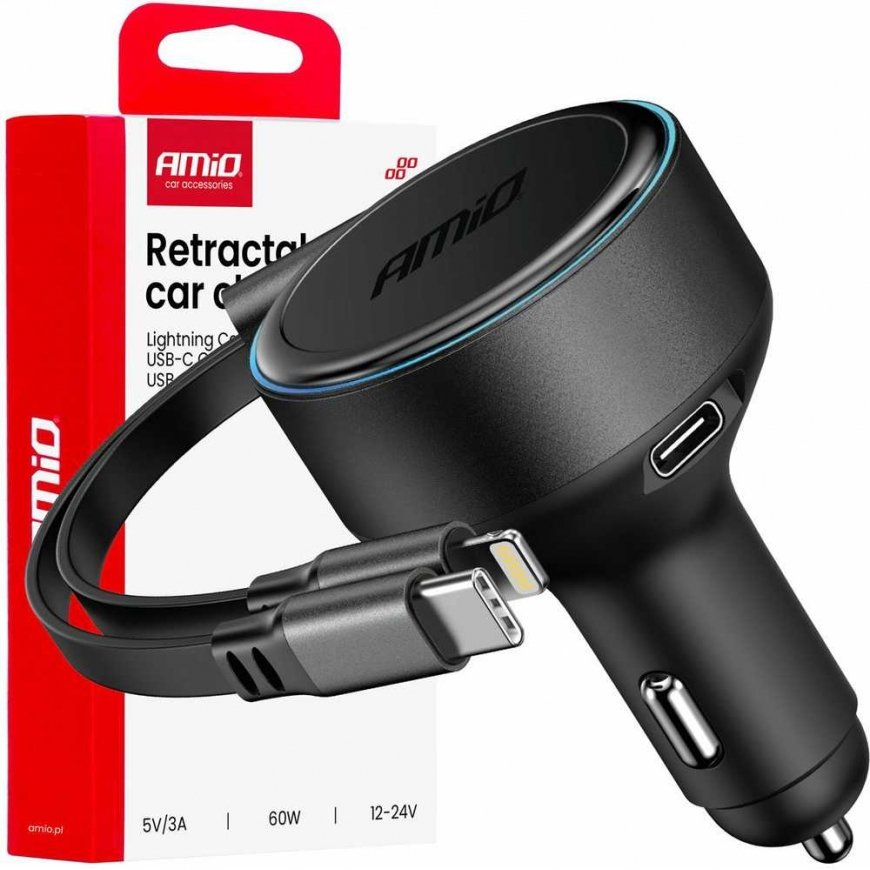 Car charger with retractable type C cable + Lightning iPhone + USB-C 12V 24V 60W AMIO-04370 – 2