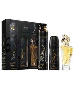 Lattafa Maahir komplektas: 100ml kvepalų purškiklis + 200ml dezodorantas purškiklis + 300ml oro gaiviklis