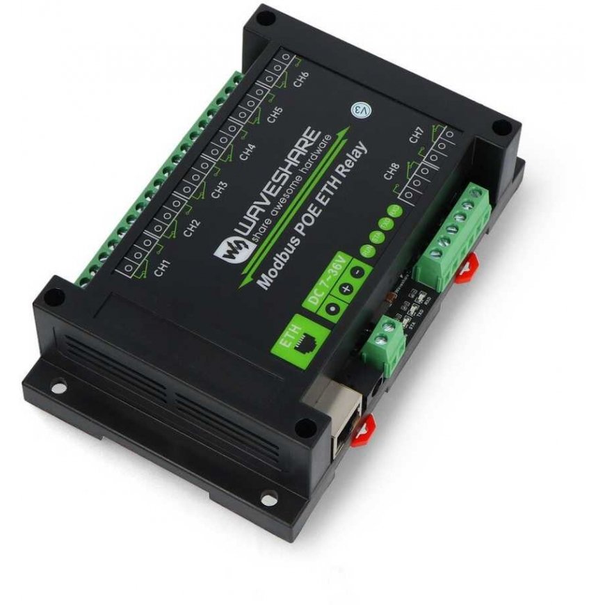 8 kanālu relē modulis ar optoizolāciju - 10A/250VAC/30VDC kontakti - 7V-36V spole - Modbus PoE - Waveshare 24964
