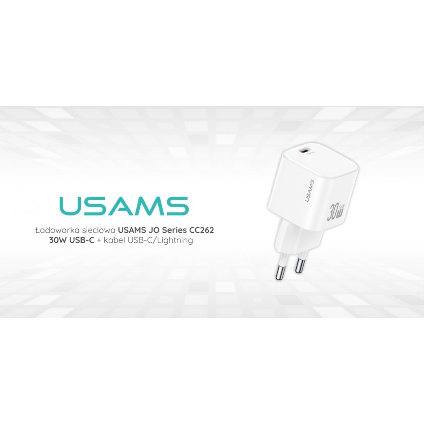 Sienas lādētājs USAMS JO sērija CC262 30W USB-C + 1m USB-C|Lightnin